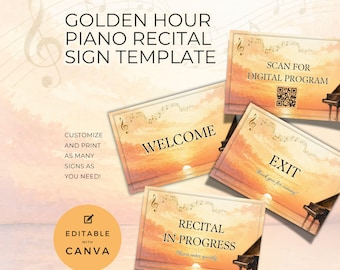 Piano Recital Mini Posters, Golden Hour Sunset Themed Door & Table Signage, Welcome Exit Signs, Canva Template for Senior Music Event NT15