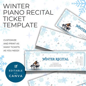 Ticket-Vorlage für einen Winter-Klavierabend, Bearbeiten in Canva, Schneeflocken-Thema, Feiertags-Konzertaufführung, Eintritt für Weihnachtsveranstaltungen, Admit One Pentax