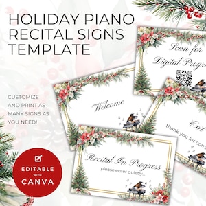 Puede incluir: Señales de recital de piano navideño imprimibles con un diseño de acuarela que presenta un piano, ramas de pino, bayas rojas y flores. Las señales incluyen "Bienvenido", "Recital en curso", "Escanear para el programa digital" y "Salida".