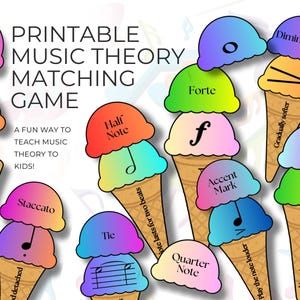 MusikTheorie Memory-Spiel, stapelbare Eistüten, druckbare PDF-Datei für Musiklehrer, Notenrhythmen, Musiksymbole & -zeichen, 40 Kartensets
