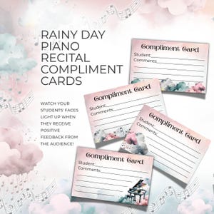 Compliment Cards for Piano Recitals, Rainy Day Clouds Theme for Spring Recital, Printable Music Teacher Resource, Positive Comments NT04