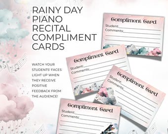 Cartões de elogio para recitais de piano, tema nuvens em um dia chuvoso para recital de primavera, recurso imprimível para professores de música, comentários positivos NT04
