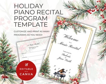 Piano Recital Program Christmas, Double Sided Folding Card, Canva Template, Festive Music Teacher Resource, Xmas Tree, Winter Holiday NT11