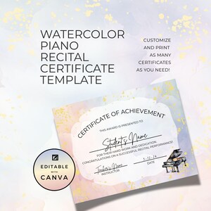 Certificado de Recital de Música, Prêmio de Mérito para Aluno de Piano, Modelo Editável do Canva, Recurso para Professor de Instrumento, Aquarela Arco-Íris NT02