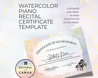 Music Recital Certificate, Piano Student Achievement Award, Editable Canva Template, Instrument Teacher Resource, Rainbow Watercolor NT02