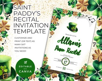 Convite para Recital de Piano de São Patrício, Tema Lucky Clover, Convite St Paddy Shamrock, Para Evento Musical Irlandês, Modelo QR Editável Canva NT13