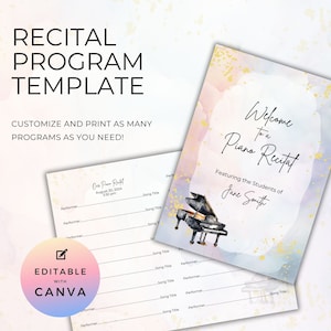 Modello di programma per recital di pianoforte, risorsa per insegnanti di musica, per performance o eventi, biglietto pieghevole fronte-retro, download digitale Canva NT02