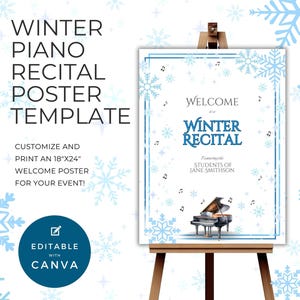 Peut inclure: Un modèle d'affiche de bienvenue imprimable pour un récital de piano d'hiver. L'affiche présente un motif de flocons de neige bleus et blancs avec le texte "Bienvenue au récital d'hiver mettant en vedette les élèves de Jane Smithson". L'affiche mesure 45,7 cm sur 61 cm et est modifiable avec Canva.