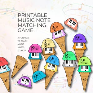 Musical Notes Matching Game, Stackable Ice Cream Cones, Printable PDF for Music Teachers, Treble and Bass Clef Learning Tool, Piano Resource