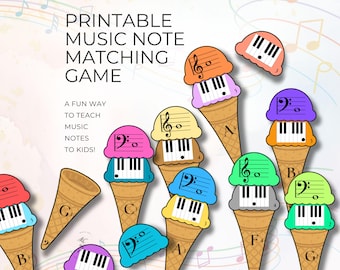 Musical Notes Matching Game, Stackable Ice Cream Cones, Printable PDF for Music Teachers, Treble and Bass Clef Learning Tool, Piano Resource