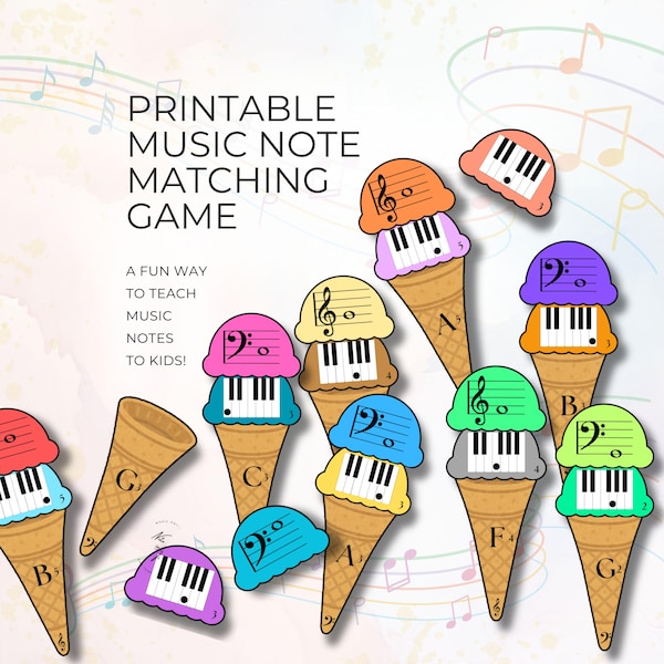 Musical Notes Matching Game, Stackable Ice Cream Cones, Printable PDF for Music Teachers, Treble and Bass Clef Learning Tool, Piano Resource