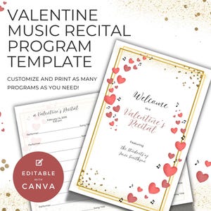Programme de récital pour la Saint-Valentin, carte pliable recto-verso, modèle sur toile, matériel pédagogique pour professeur de musique et de piano, motif coeur d'amoureux NT14