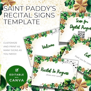 Puede incluir: Señales de recital imprimibles del Día de San Patricio con un diseño de trébol verde y purpurina dorada. Las señales dicen "Bienvenido", "Recital en curso", "Salida" y "Escanear para el programa digital".