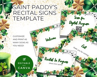 Mini pôsteres de recitais, sinalização de porta e mesa com tema de Dia de São Patrício, placas de saída de boas-vindas, modelo Canva editável para eventos musicais Lucky NT13
