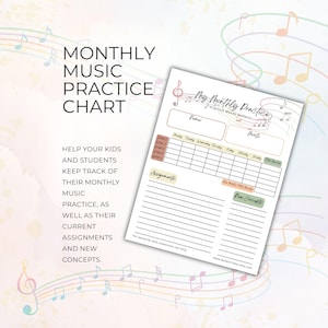 ピアノオーケストラまたはバンド向けの音楽練習チャート、月間練習時間、音楽教師向けのデジタル印刷可能データ、ニュートラルなアースカラーのテーマ