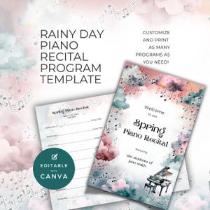 Program recitalu fortepianowego, motyw deszczowego dnia, dwustronna składana kartka, szablon Canva, wiosenne chmury, materiały dla nauczycieli muzyki, deszczowe nuty NT04