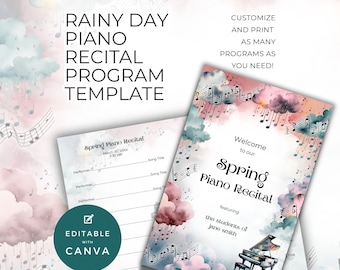 Programa de Recital de Piano, Tema Dia Chuvoso, Cartão Dobrável de Dupla Face, Modelo Canva, Nuvens de Primavera, Recurso para Professor de Música, Notas Chovendo NT04