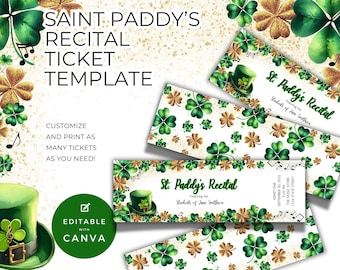 Modelo de ingresso para o Recital de São Patrício, Editar no Canva, Apresentação de Concerto de Música Temática Irlandesa, Admissão para Evento de São Patrício, Admissão Um NT13