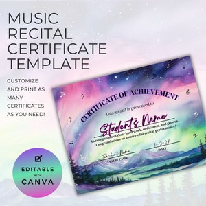 May include: Editable music recital certificate template with a watercolor background of a starry night sky, mountains, and trees. The text "Certificate of Achievement" is in purple and the text "This award is presented to" is in black. The text "Student's Name" is in a purple box. The text "Teacher's Name" is in a black box. The text "Date" is in a black box. The text "3-12-24" is in a black box. The text "Editable with Canva" is in a white box with a purple border.