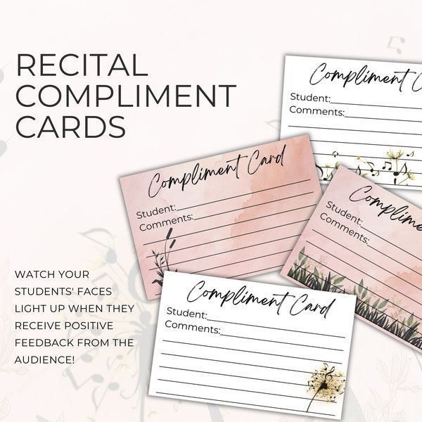 Compliment Cards for Music Recitals, Printable Piano Teacher Resource, Encourage Positivity, Instant Download PDF, Neutral Earthy Theme NT03