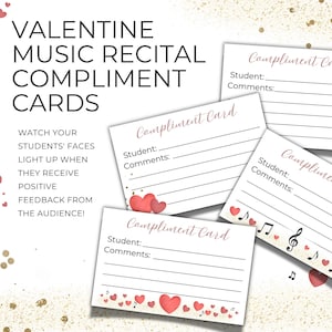 Cartes de compliments pour récitals de musique, Thème de la Saint-Valentin en coeur pour récital d'hiver, Ressource imprimable pour les professeurs de musique, Commentaires positifs NT14