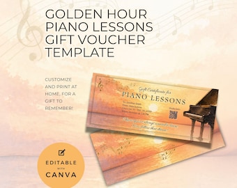 Piano Lesson Voucher Template, Editable Canva Printable, Music Certificate, Golden Hour Sunset Theme for Marketing and Gifts NT15