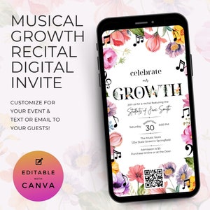 Può includere: Invito digitale per un recital musicale su schermo di smartphone, con elementi floreali e note musicali. L'invito recita "Musical Growth Recital Digital Invite" e include i dettagli dell'evento. Personalizzabile con Canva.