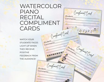 Compliment Cards for Music Recitals, Printable Piano Teacher Resource, Encourage Positivity, Instant Download PDF, Rainbow Watercolor NT02