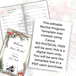 May include: A printable piano recital program template with a watercolor design featuring a piano, holly, and pine branches. The text reads "Welcome to a Music Recital Featuring the Students of Jane Smith". This editable template was created using Canva.