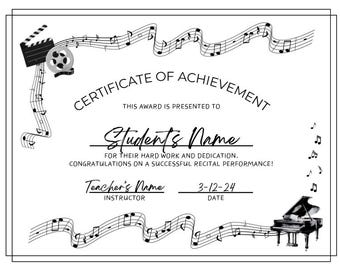 Custom Movie Themed Piano Recital Certificate Template for Jacqueline