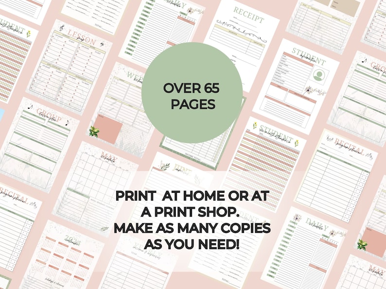 May include: A printable planner with over 65 pages, featuring a floral design in shades of pink and green. The text "PRINT AT HOME OR AT A PRINT SHOP. MAKE AS MANY COPIES AS YOU NEED!" is displayed on the image.