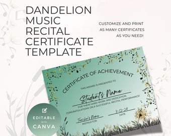 Certificado de Recital de Música, Prêmio de Mérito para Alunos de Piano, Modelo Editável do Canva, Recurso Educacional para Professores, Verde Sálvia NT03G