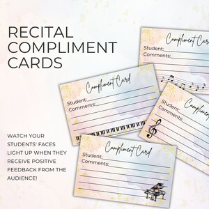 Complimentenkaarten voor muziekrecitals, afdrukbaar hulpmiddel voor pianoleraar, positiviteit aanmoedigen, pdf direct downloaden, regenboogaquarel NT02