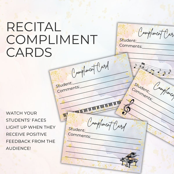 Compliment Cards for Music Recitals, Printable Piano Teacher Resource, Encourage Positivity, Instant Download PDF, Rainbow Watercolor NT02