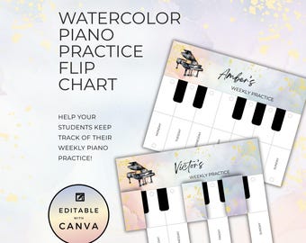 Piano Practice Flip Chart, for Kids Music Habits, Tracker Sheet, Editable Digital Canva Template for Students, Rainbow Watercolor Theme NT02