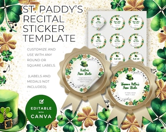 Modelo de adesivo de recompensa de São Patrício, Prêmio de Conquista de Piano para Estudantes de Música, Editável no Canva, Tema Irlandês, Trevo da Sorte NT13