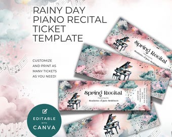 Modelo de ingresso para recital de piano de primavera, edite no Canva, apresentação em dia chuvoso, clima nublado e tempestuoso, entrada para o evento, entrada individual NT04