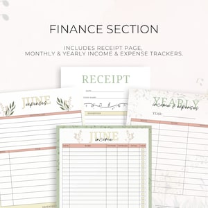 May include: Printable budget planner pages with floral designs. Includes a receipt page, monthly income and expense tracker, and yearly income and expense tracker.