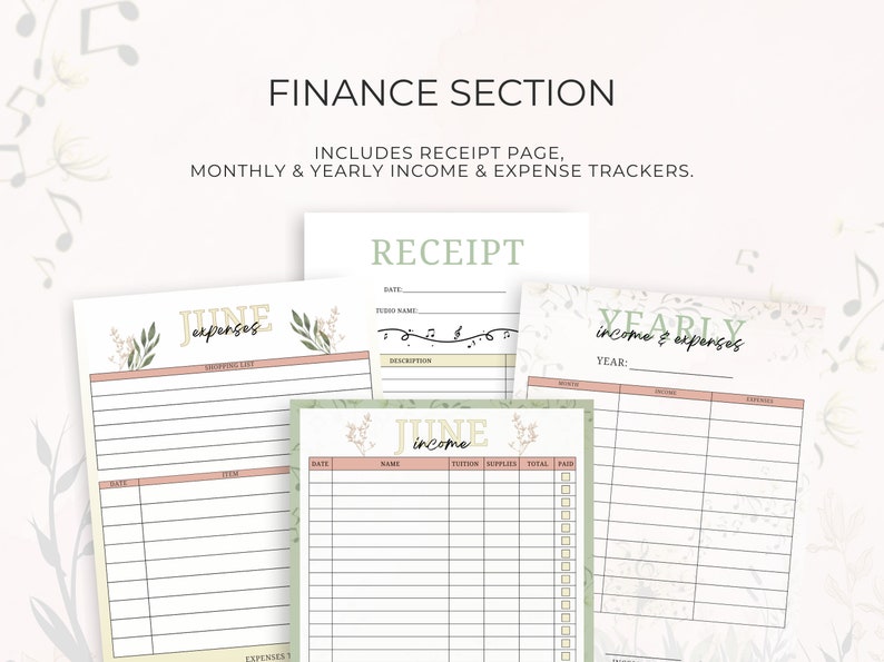 May include: Printable budget planner pages with floral designs. Includes a receipt page, monthly income and expense tracker, and yearly income and expense tracker.