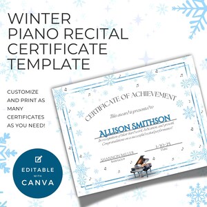 Op de afbeelding: Een Winter Piano Recital Certificaat Sjabloon met een lichtblauw sneeuwvlokontwerp. Het certificaat luidt "Certificaat van Prestatie" en bevat ruimte voor een naam, datum en instructeur. De sjabloon is bewerkbaar met Canva.