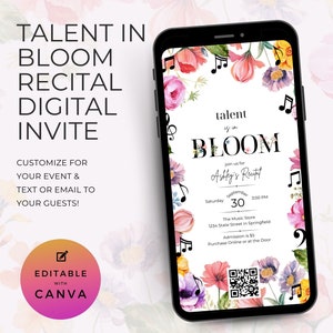 Könnte beinhalten: Eine digitale Einladung zu einem Konzert mit dem Titel "Talent in Bloom: Ashleys Konzert". Die Einladung zeigt ein florales Design mit Noten und einem QR-Code. Die Veranstaltung findet am 30. September um 15:00 Uhr im Music Store in Springfield statt. Der Eintritt kostet 5 €. Die Einladung ist mit Canva anpassbar.
