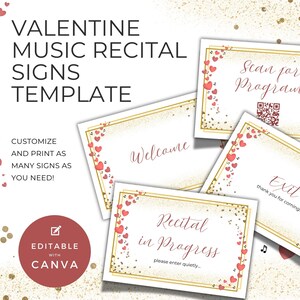 Puede incluir: Señales imprimibles para un recital de música de San Valentín con un fondo de purpurina dorada y corazones rosas. Las señales dicen "Bienvenido", "Recital en curso", "Escanear para el programa" y "Salida".