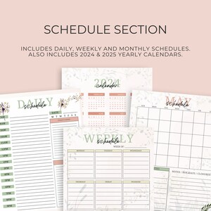 May include: A set of printable planner pages with floral designs. The pages include daily, weekly, and monthly schedules, as well as yearly calendars for 2024 and 2025.