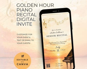 Piano Senior Recital Digital Invitation, Retirement, Golden Hour Sunset, QR Texting Invite, Editable in Canva, Music Teacher or Parents NT15