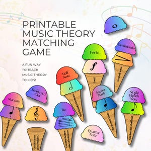 Musical Theory Matching Game, Stackable Ice Cream Cones, Printable PDF for Music Teacher, Note Rhythms, Music Symbols & Signs, 40 Card Sets