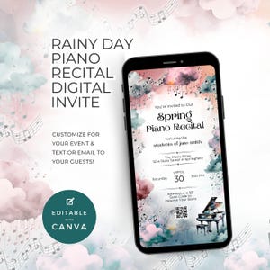 Piano Recital Digital Invitation, For Spring or Summer, Rainy Day Theme, QR Texting Invite, Editable in Canva, Music Teacher or Parents NT04