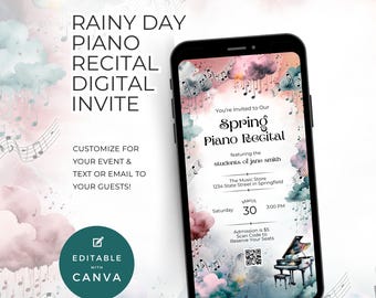 Convite digital para recital de piano, tema primavera/verão, convite para dia chuvoso, QR Code, editável no Canva, para professores de música ou pais NT04