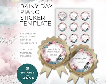Modelo de adesivo de recompensa para pianista, prêmio de reconhecimento musical para estudantes de música, editável no Canva, tema dia chuvoso, nuvens suaves e melancólicas de primavera NT04