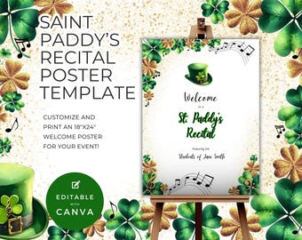 Cartaz de Recital do Dia de São Patrício, Sinalização de Porta ou Cavalete para Guiar o Público, Trevo e Trevo Festivos, Modelo Editável para Eventos Musicais NT13