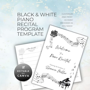 Piano Recital Program Template, Simple Modern Black & White for Performance or Event, Double Sided Folding Card Canva Digital Download NT01P